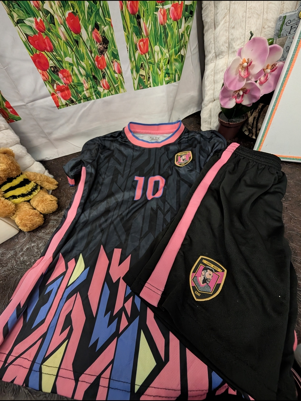 Source Unknown Black & Pink Kids Soccer Jersey and Shorts Set